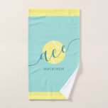 Personalised Tennis Sport Teal Hand Towel<br><div class="desc">Personalised teal blue tennis towel with a simple cute aqua turquoise and yellow tennis ball "ace" design and custom name or text in a feminine girly and modern pretty script font monogram. Any girls or womens tennis player would appreciate the elegant look on this modern and minimal useful tennis themed...</div>