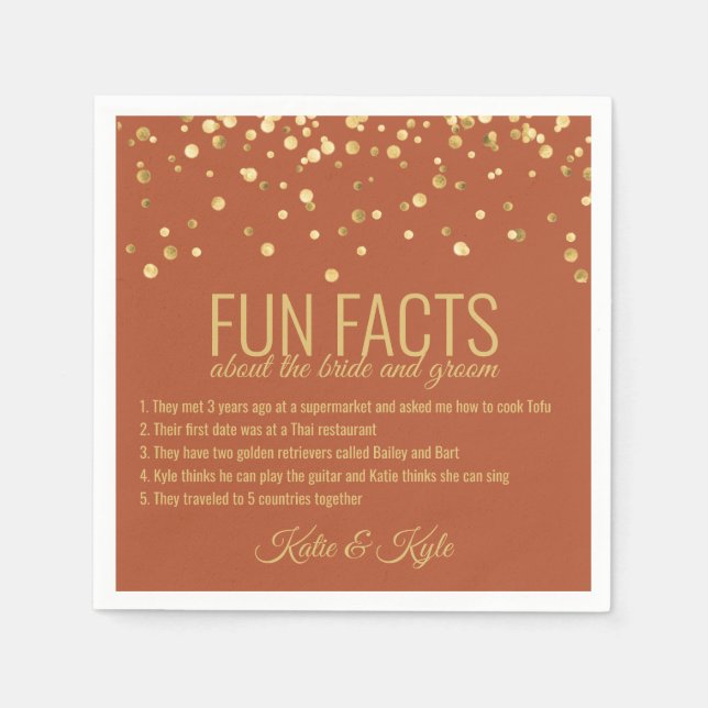 Personalised TERRACOTTA Gold Confetti FUN FACTS Napkin (Front)