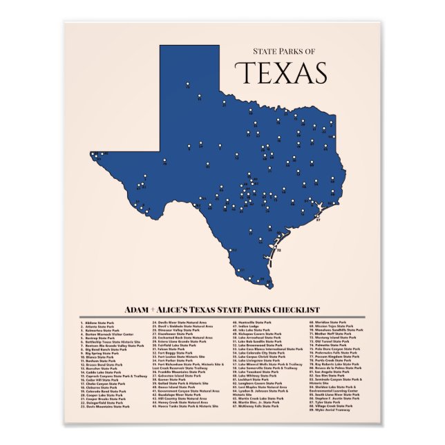 Personalised Texas State Park Map Checklist Photo  Print (Front)
