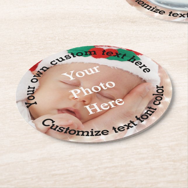 Personalised text and photo template round paper coaster (Angled)