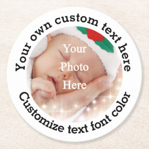 Personalised text and photo template round paper coaster
