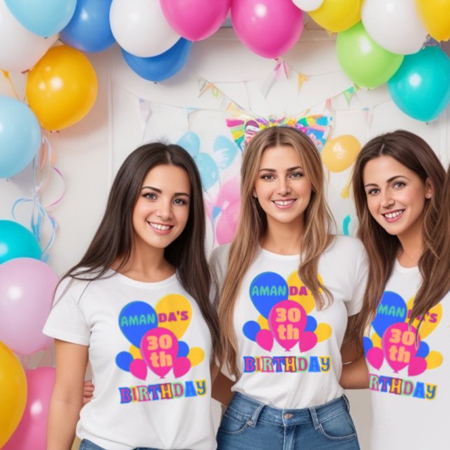 Personalised text balloons birthday party T-Shirt (Playful and cheerful birthday party t-shirt sure to be a hit among your guests.)
