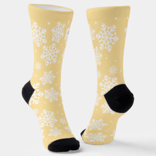 Personalised Text  Beige & white Snowflake pattern Socks