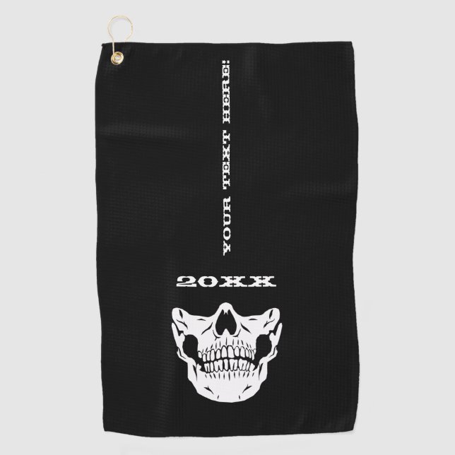 Personalised Text Black Skull Half Face Mask Style Golf Towel (Front)