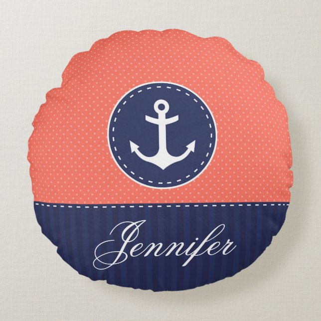 Personalised Text Blue and Coral Nautical Anchor Round Cushion (Front)