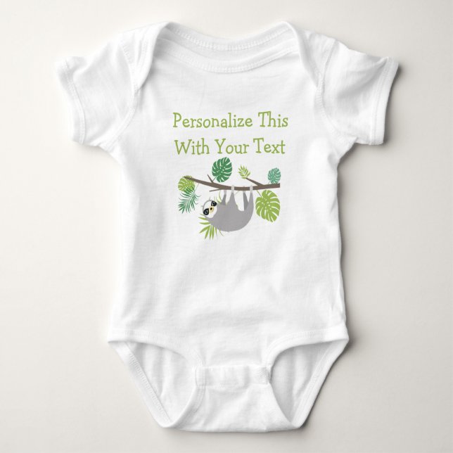 Personalised Text Fun Hanging Sloth Baby Bodysuit (Front)