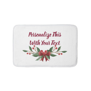 Personalised Text Holly and Berry Christmas Bath Mat