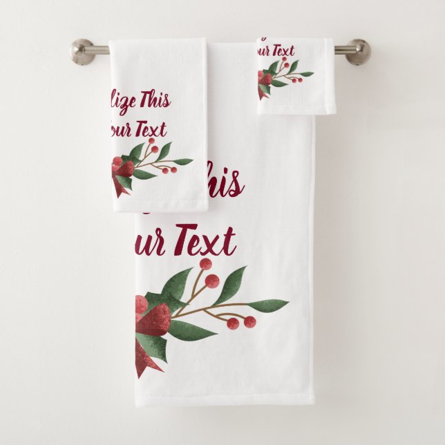Personalised Text Holly and Berry Christmas Bath Towel Set (Insitu)