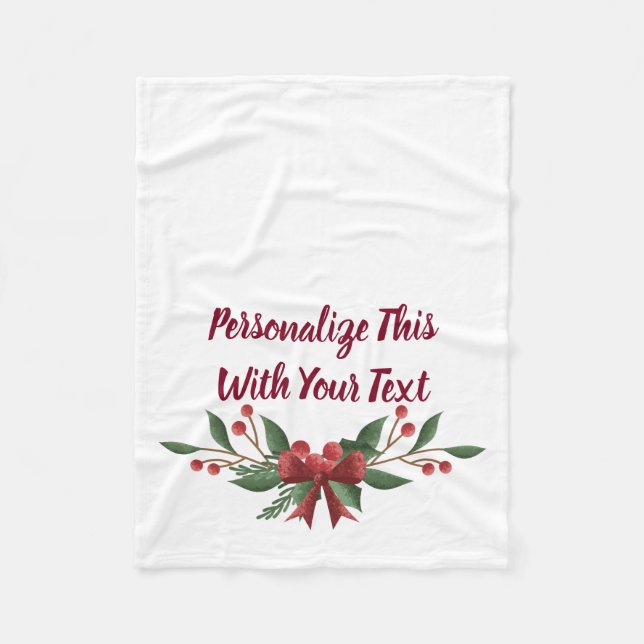 Personalised Text Holly and Berry Christmas Fleece Blanket (Front)
