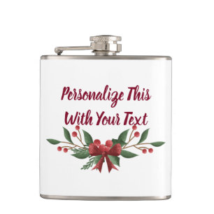 Personalised Text Holly and Berry Christmas Hip Flask
