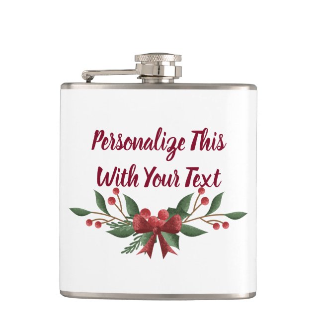 Personalised Text Holly and Berry Christmas Hip Flask (Front)