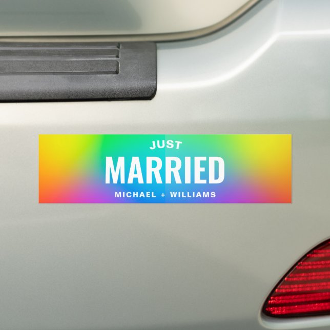 Personalised text Just Married Rainbow Gay Bumper Sticker (On Car)