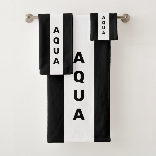 Personalised Text on Black and White Striped Bath Towel Set (Insitu)
