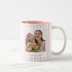 Personalised Text Photo Pink Stripes Coquette  Two-Tone Coffee Mug