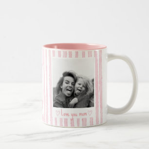 Personalised Text Photo Pink Stripes Coquette Two-Tone Coffee Mug