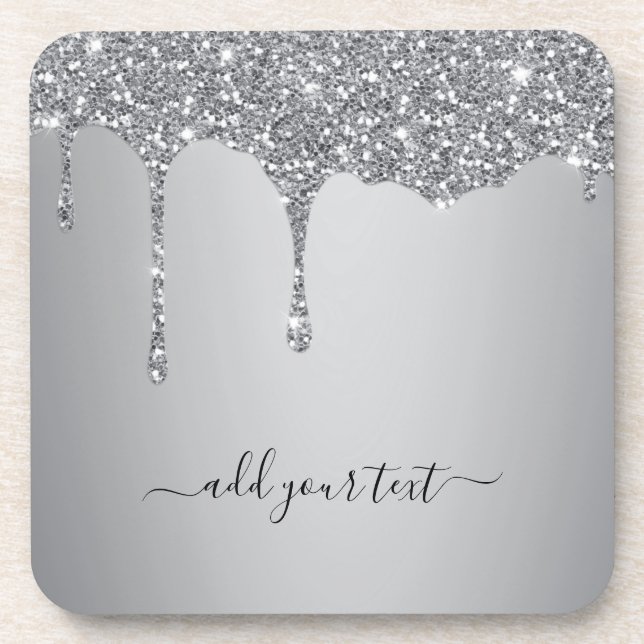 Personalised Text Silver Glitter Sparkle Drips Coaster (Front)