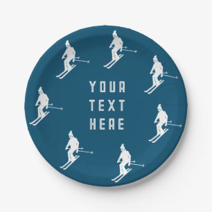Personalised Text Skiers Skiing Ski Blue White Paper Plate