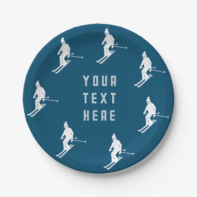 Personalised Text Skiers Skiing Ski Blue White  Paper Plate (Front)