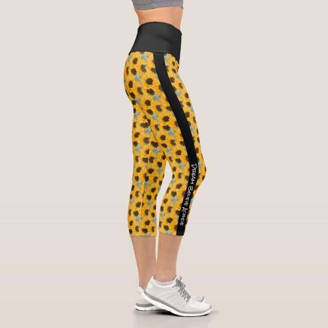 Personalised Text Sunflower Floral Black Stripe Capri Leggings (Right)