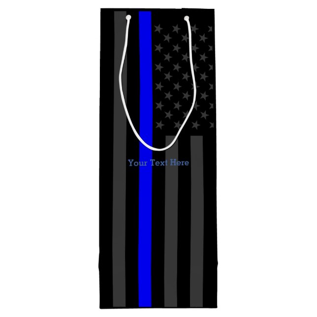 Personalised Text Thin Blue Line Grey US Flag Wine Gift Bag (Back)