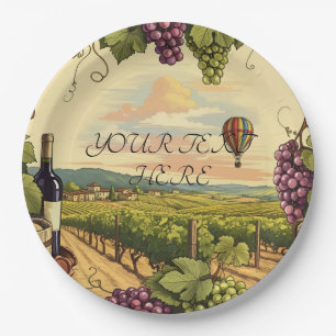 Personalised Text Wine Country Hot Air Balloon Paper Plate
