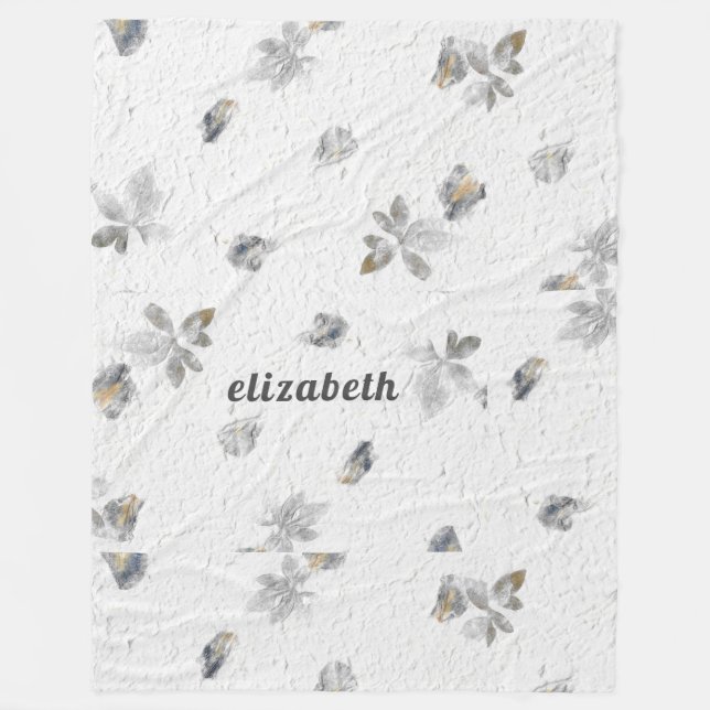Personalised Textured White w/ Grey Flowers Fleece Blanket (Front)