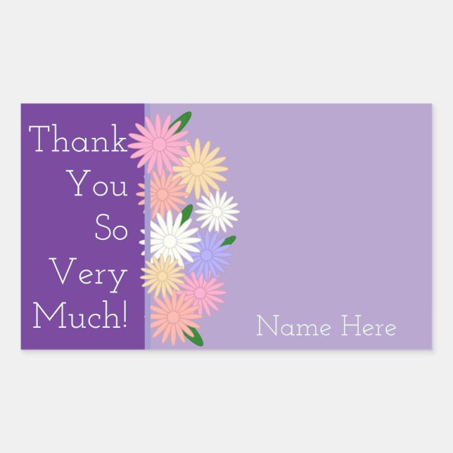 Personalised Thank You Coloured Daisy Flower Purpl Rectangular Sticker (Front)