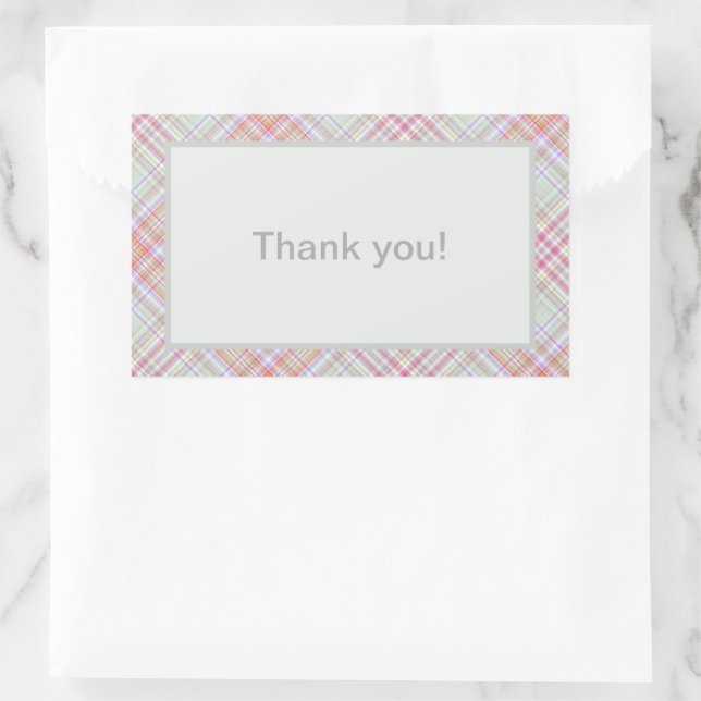 Personalised Thank You Pink 'n Green Plaid Rectangular Sticker (Bag)