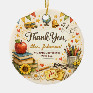 Personalised Thank You Teacher Watercolor Gift Ceramic Ornament