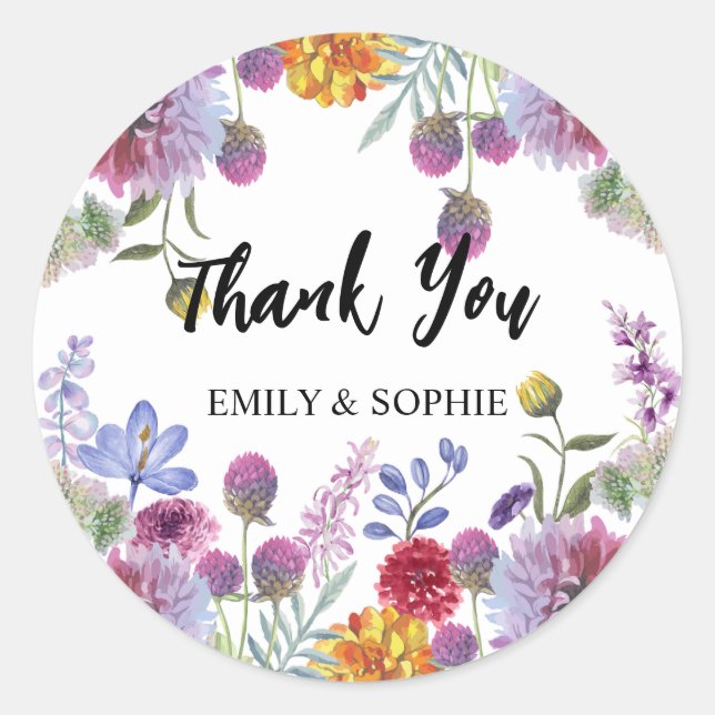 Personalised Thank You Watercolor Flowers Classic Round Sticker (Front)