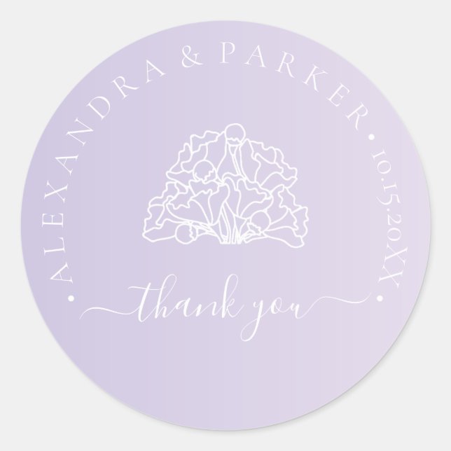 Personalised Thank you Wedding Purple Floral Classic Round Sticker (Front)