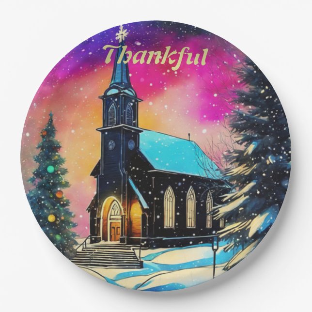 Personalised Thankful Country Christmas Church.    Paper Plate (Front)