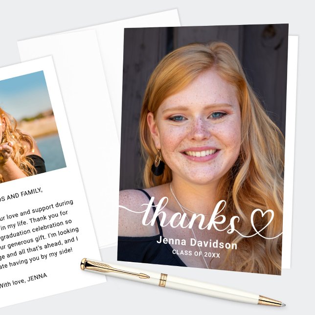 Personalised Thanks Heart Script Graduation Photo Thank You Card (Creator Uploaded)