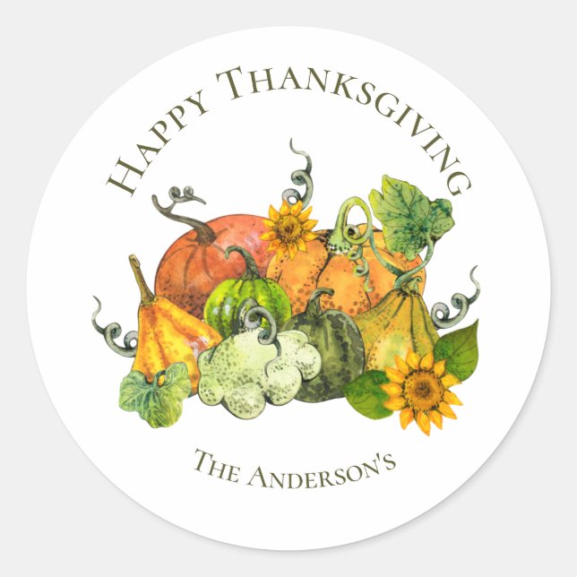 Personalised Thanksgiving Fall Autumn Pumpkins Classic Round Sticker (Front)
