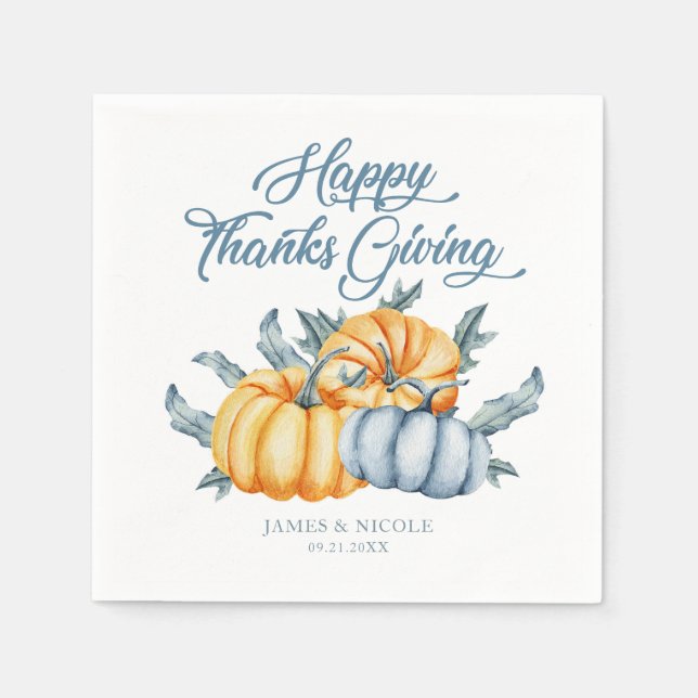 Personalised Thanksgiving pumpkin watercolor Napkin (Front)