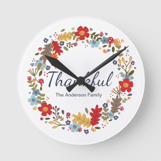 Personalised Thanksgiving Thankful Fall  Round Clock (Front)