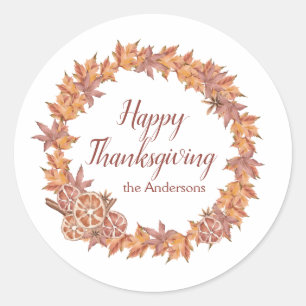 Personalised Thanksgiving Watercolor Fall Leaves Classic Round Sticker