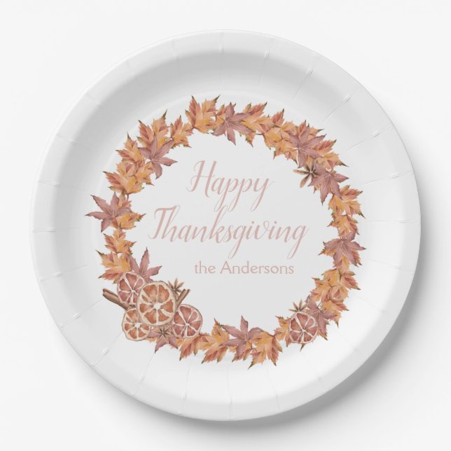Personalised Thanksgiving | Watercolor Fall Leaves Paper Plate (Front)