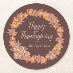 Personalised Thanksgiving   Watercolor Fall Leaves Round Paper Coaster