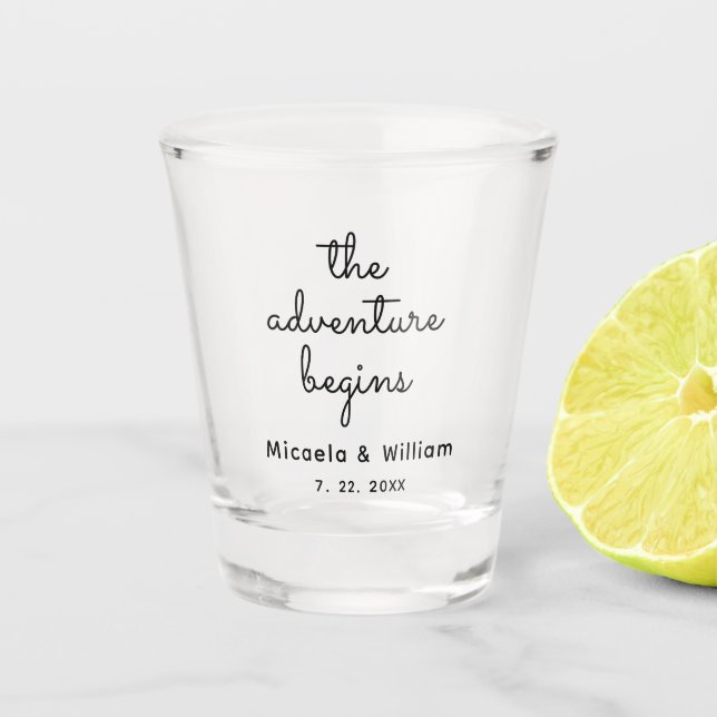 Personalised the adventure begins shot glass (Front)