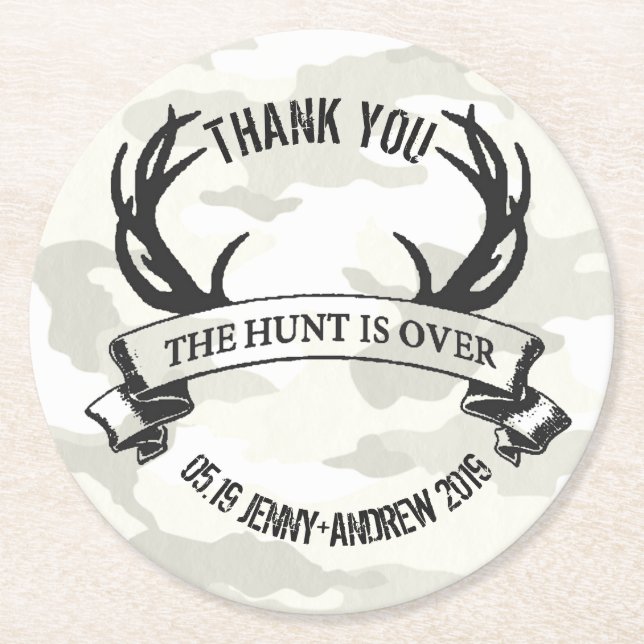 Personalised "The Hunt is Over" Rustic Wedding Round Paper Coaster (Front)