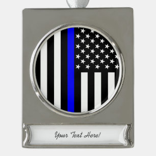 Personalised Thin Blue Line American Flag Silver Plated Banner Ornament