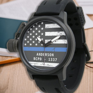 Personalised Thin Blue Line Badge Number Police Watch