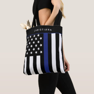 Personalised Thin Blue Line Flag Police Officer Tote Bag