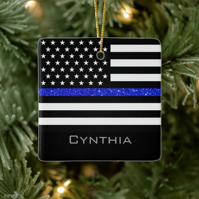 Personalised Thin Blue Line Glitter Flag Ceramic Ornament (Tree)