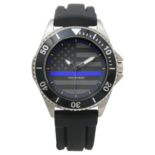 Personalised Thin Blue Line Graphic Grey US Flag Watch
