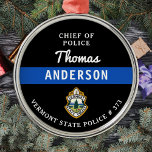 Personalised Thin Blue Line Logo Police Officer Metal Ornament<br><div class="desc">Thin Blue Line Police Department Christmas Ornament - Police Flag colours, modern black and blue design . Customise with your department logo, and personalise with police officers name, title, department logo and badge number. This personalised law enforcement ornament is perfect for police departments and law enforcement officers, stocking stuffers and...</div>