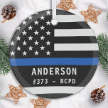 Personalised Thin Blue Line Police Officer Glass Tree Decoration<br><div class="desc">Personalised Thin Blue Line Ornament - American flag in Police Flag colours, modern black blue design . Personalise this police christmas ornament with Officer's name, badge number and department. This personalised police ornament is perfect for police departments, law enforcement officers, or as a memorial keepsake. Order these police ornaments bulk...</div>