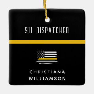 Personalised Thin Gold Line Flag 911 Dispatcher  Ceramic Ornament