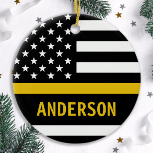 Personalised Thin Gold Line Flag 911 Dispatcher Ceramic Ornament